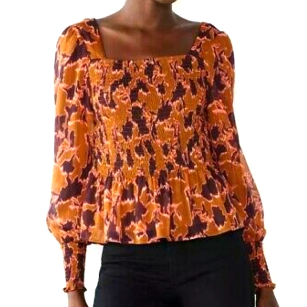 SOLD! NINE WEST Brown Pink Smocked Square Neck Size XXL